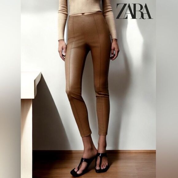 Zara Pants - NWT ZARA CAMEL FAUX LEATHER LEGGING PANTS Size L